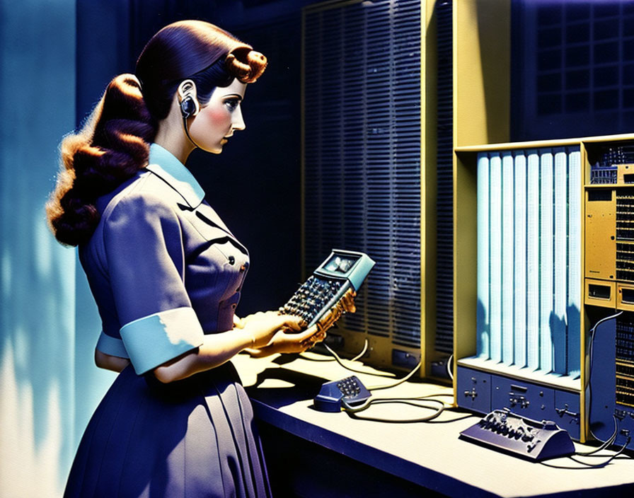 Vintage Style Illustration: Woman with Retro Hairstyle Using Bulky Calculator by Old-Fashioned Computer