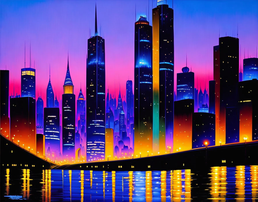 Colorful city skyline illustration at dusk with lit skyscrapers against sunset sky.