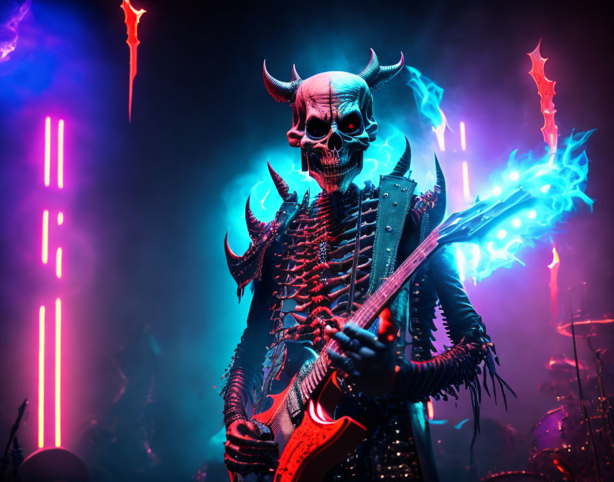 Person in Skull Mask Plays Electric Guitar on Stage with Neon Lights