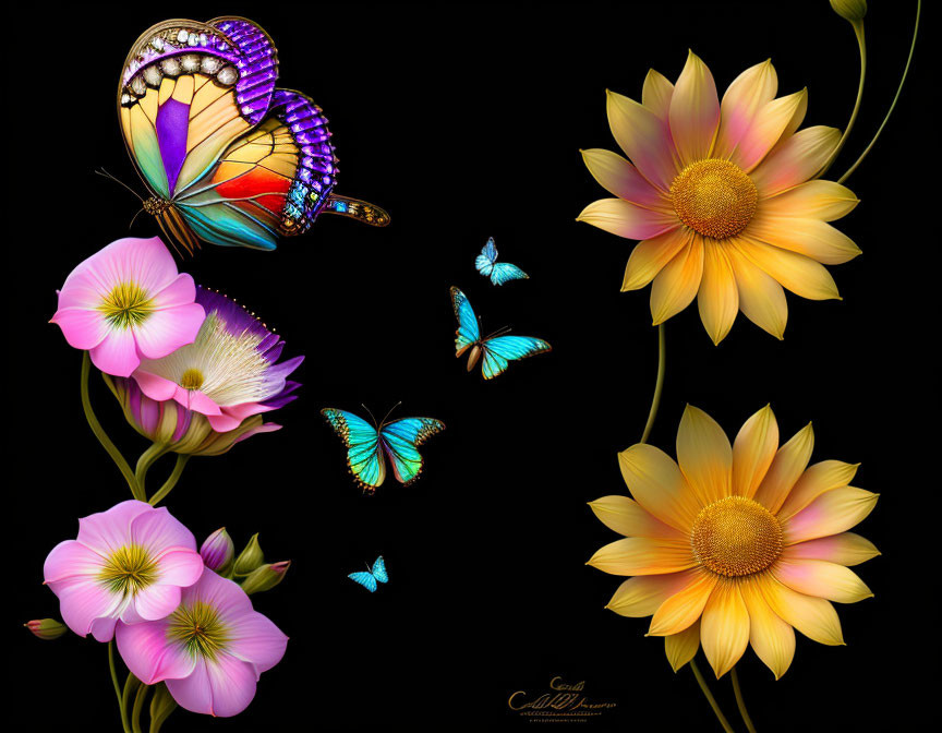 Colorful Butterfly and Flower Digital Artwork on Black Background