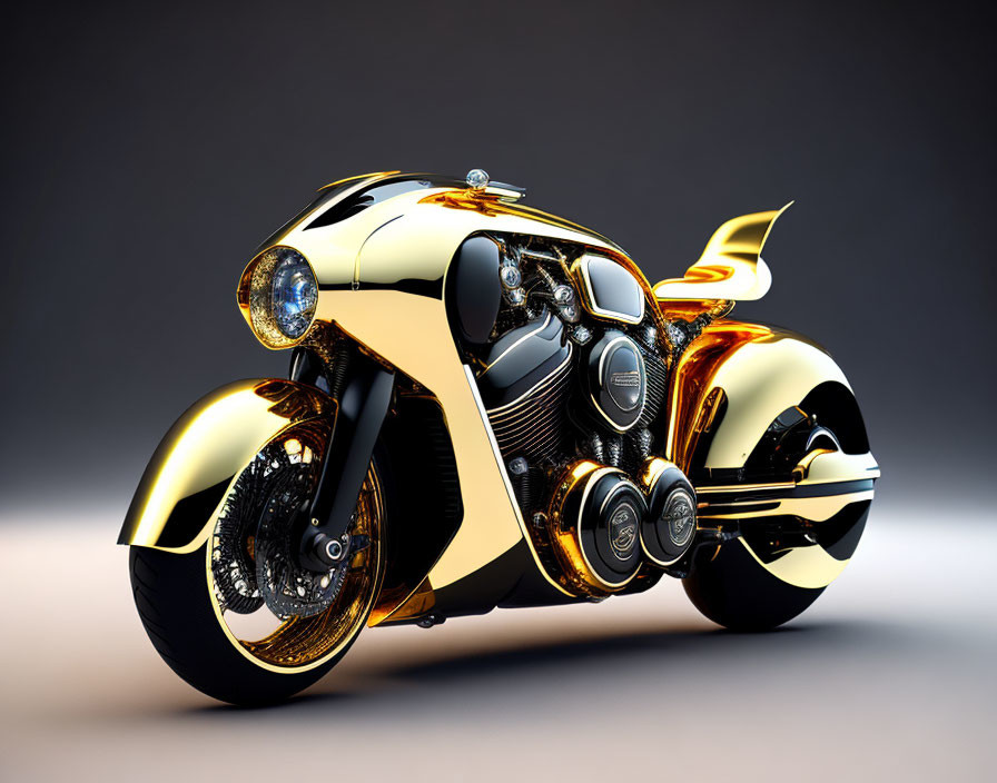 Futuristic golden motorcycle on gradient background