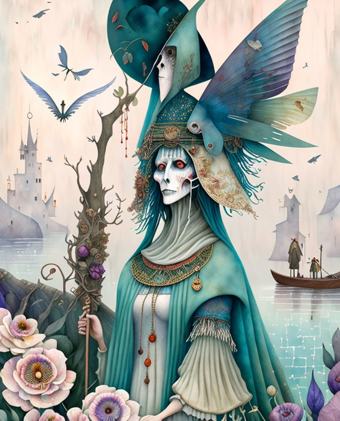 Skull-faced figure with bird features and staff in whimsical castle setting