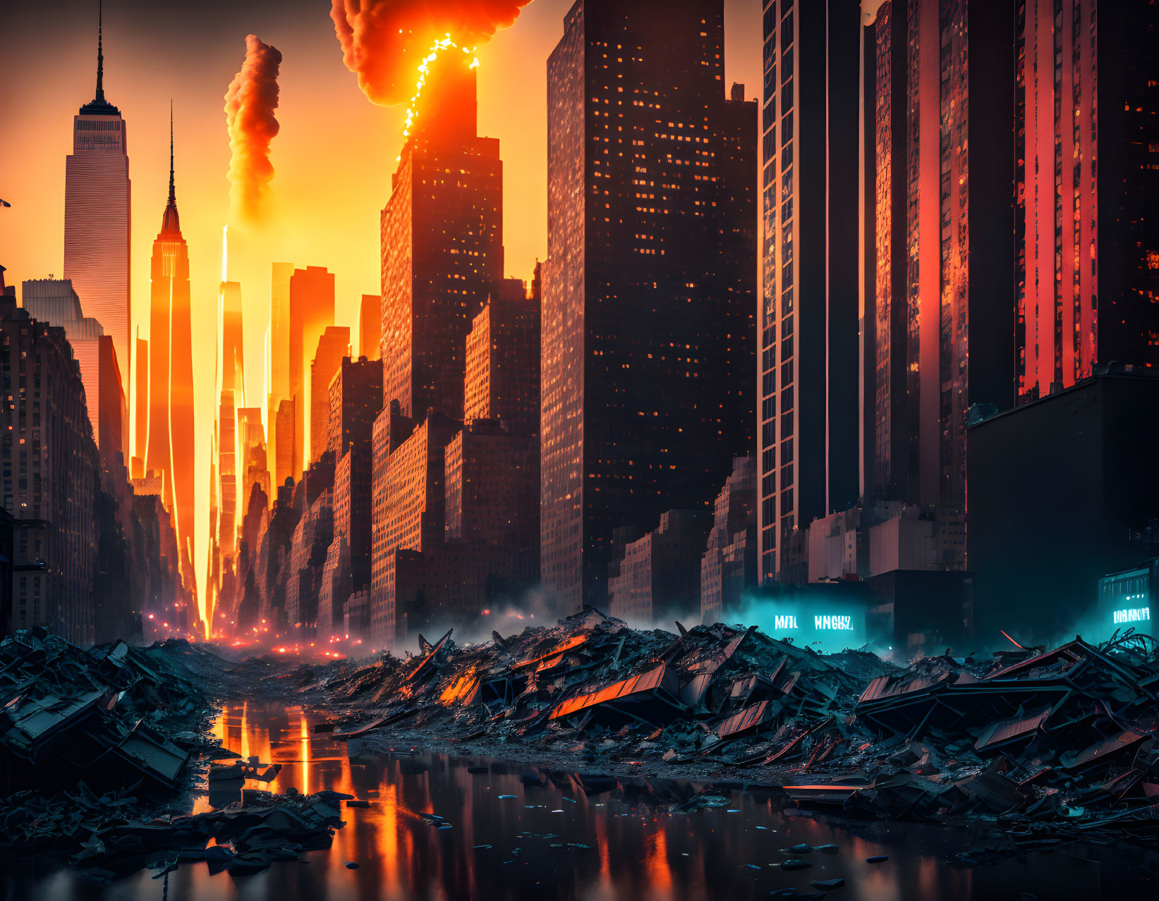 Dystopian sunset cityscape with skyscrapers and explosions