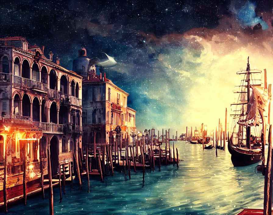 Venice-inspired painting with starry sky, historic architecture, gondolas, and rippling canal