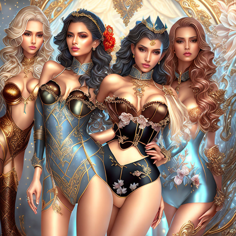 Stylized fantasy women in ornate gold and blue attire with crowns and flowing hair