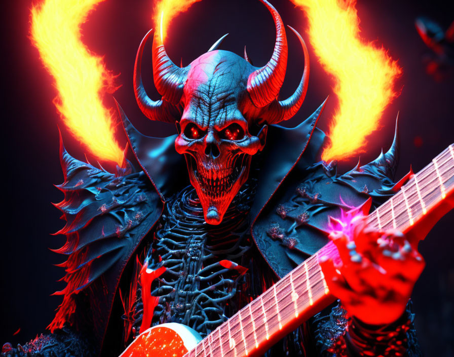 Sinister skeletal figure with horns playing red guitar in moody, red-lit setting