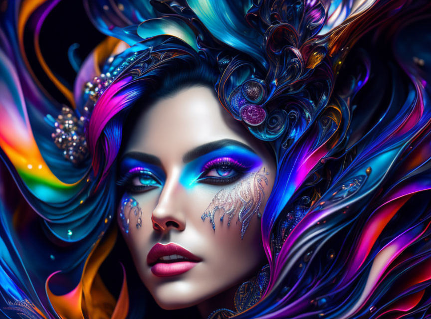 Colorful digital artwork of a woman with swirling hair and feathers, adorned with bold makeup.