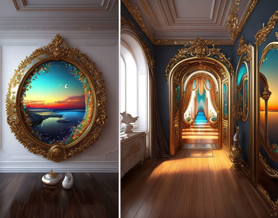 Luxurious room with golden frames, fantasy landscape painting, and elegant architecture