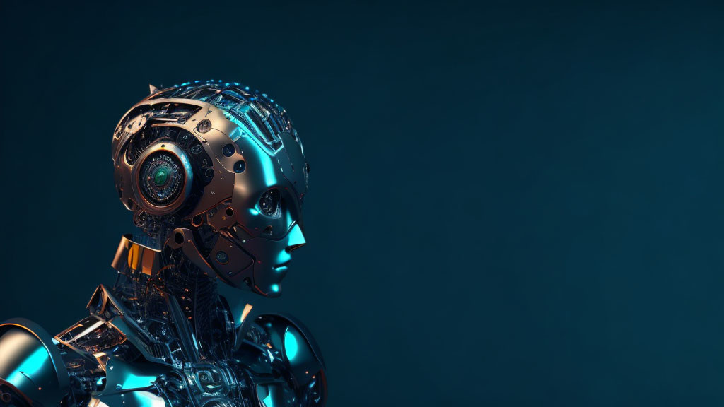 Detailed Robotic Head and Shoulders Against Dark Blue Background