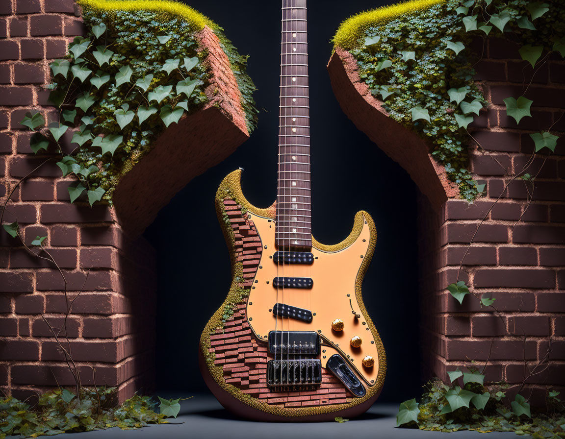 Brick Wall-Inspired Guitar with Climbing Ivy and Moss on Dark Background