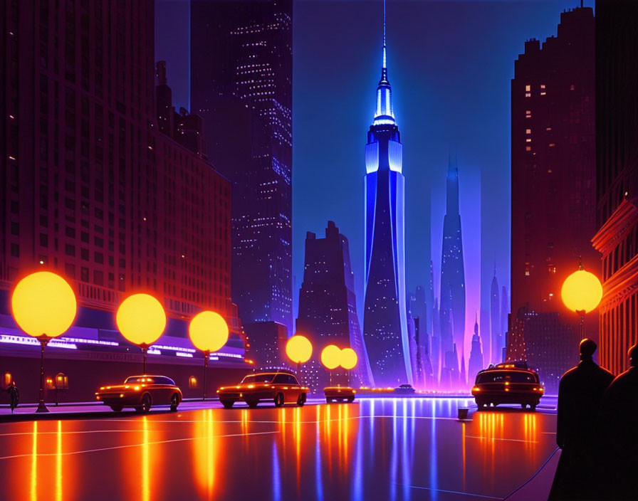 Futuristic night cityscape with glowing purple and orange lights