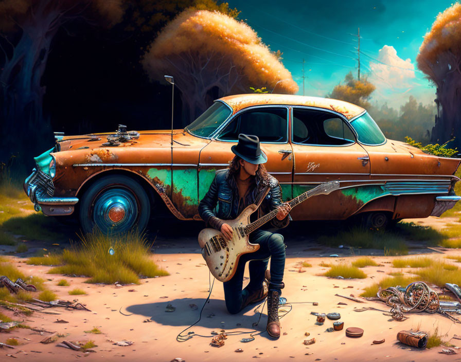 Musician in hat plays electric guitar on rusty car in desolate landscape