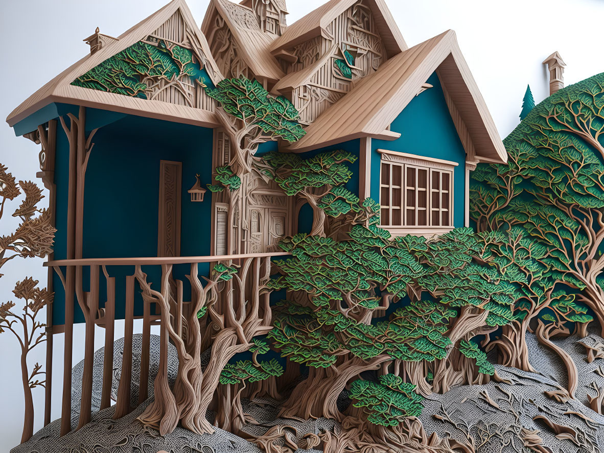 Detailed 3D blue fantasy treehouse with intricate wooden branches