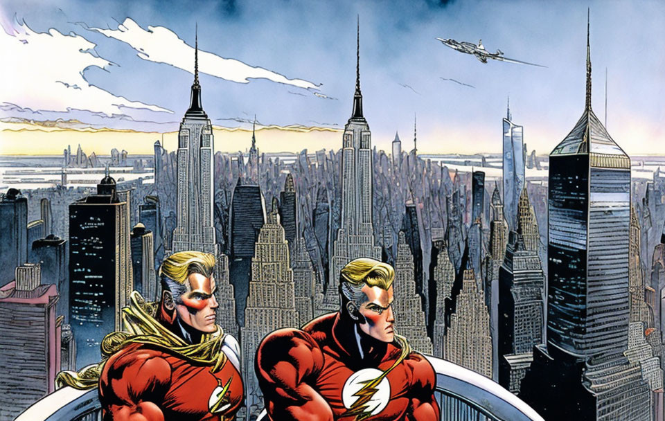 Animated superheroes in flash-like suits on city building with flying vehicle