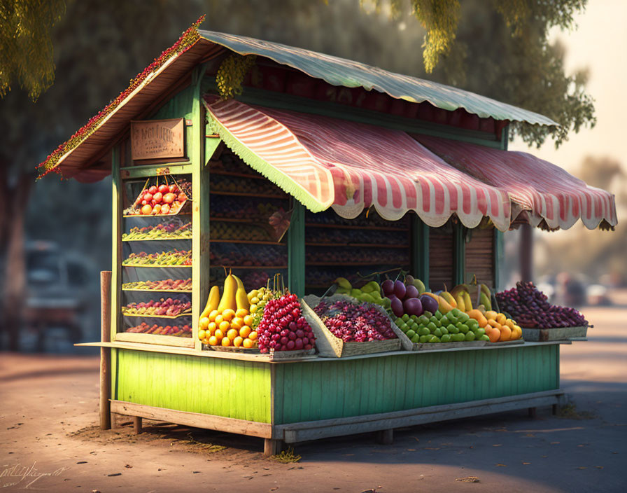 Colorful fruit stand under striped awning in soft sunlight