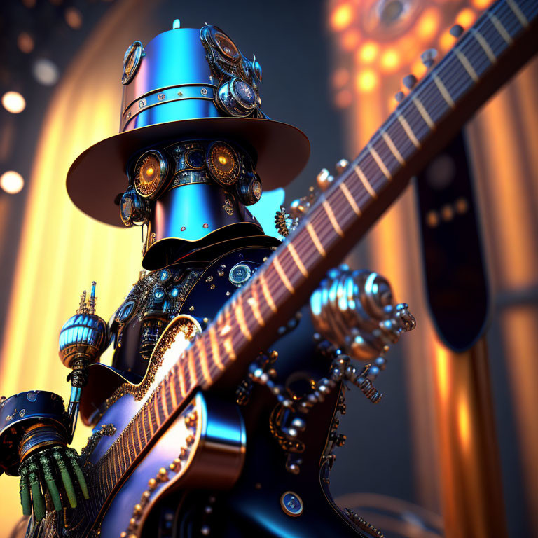 Stylized robot playing electric guitar on stage with top hat