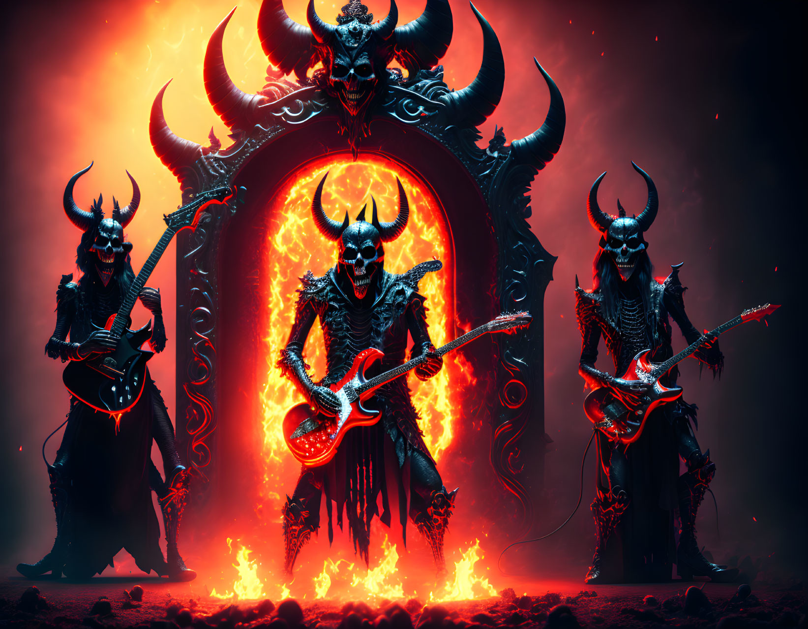 Demonic figures playing guitars in fiery hellish scene