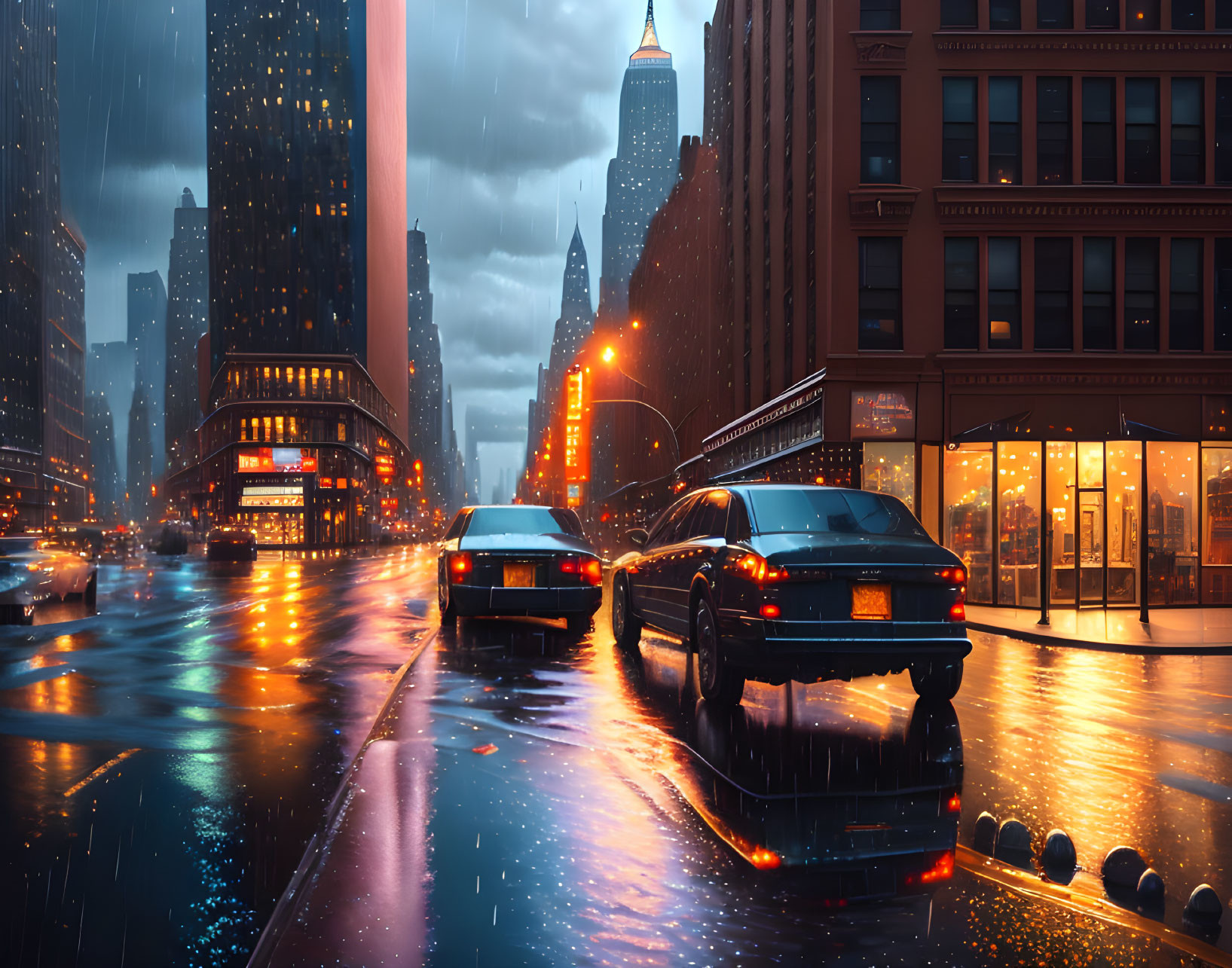 Twilight city street with rain, glowing lights, cars, and tall buildings