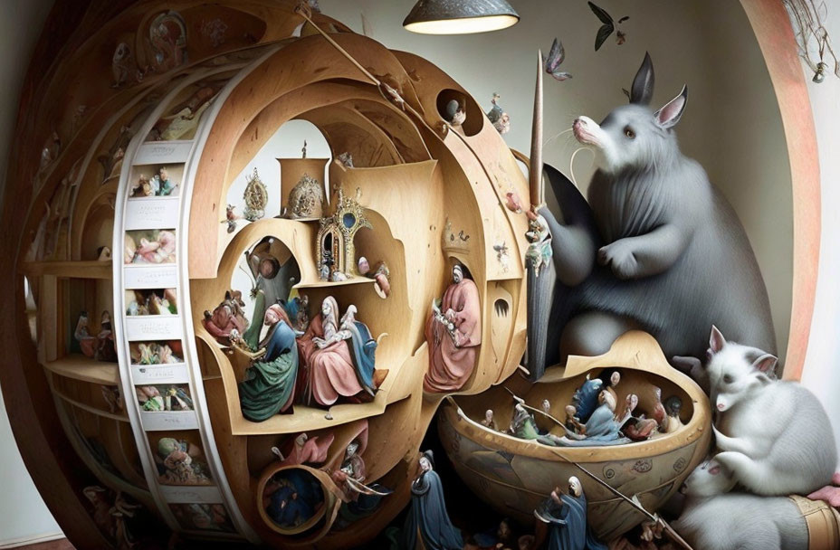 Intricate Wooden Spheres with Oversized Rats and Historical Miniatures