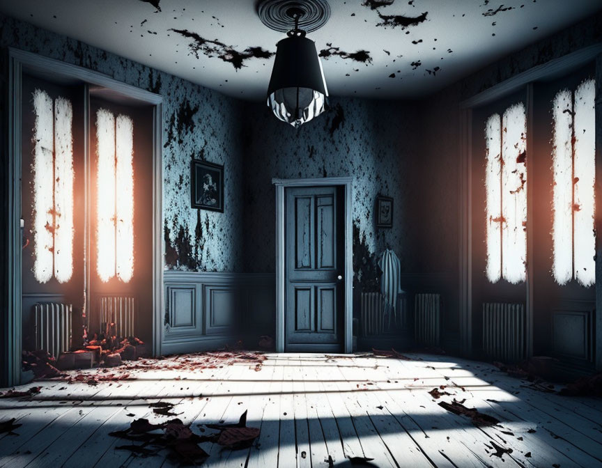 Abandoned room with splattered walls and decaying floor