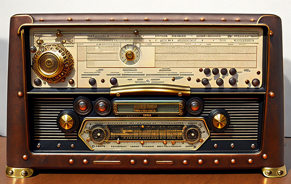 Classic Vintage Radio with Dials and Frequency Listings on Wooden Surface