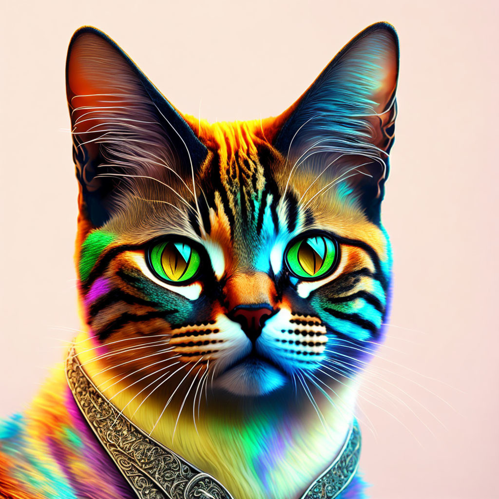 Vibrant cat with multicolored fur and green eyes on pink background