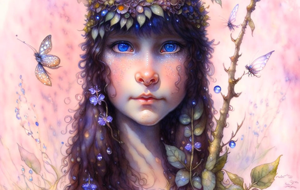 Illustration of a girl with blue eyes, leafy garlands, butterflies, and pink tones