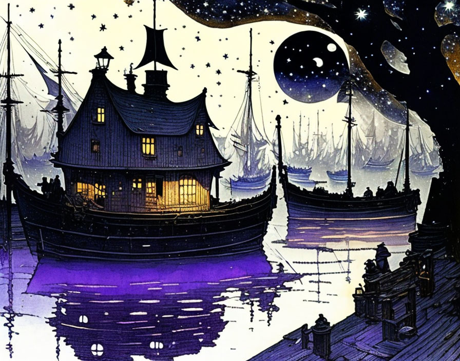 Night Harbor Scene with Glowing Ship and Crescent Moon