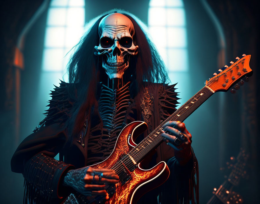 Skeleton in Leather Jacket Playing Electric Guitar in Moody Lighting