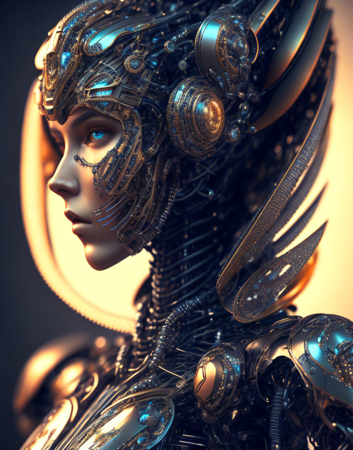 Detailed Robot Profile with Intricate Metal and Blue Eyes