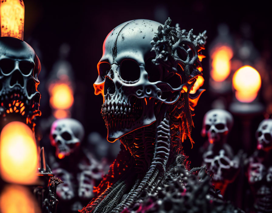 Detailed Macabre Skull Display with Small Skulls in Sinister Red Glow