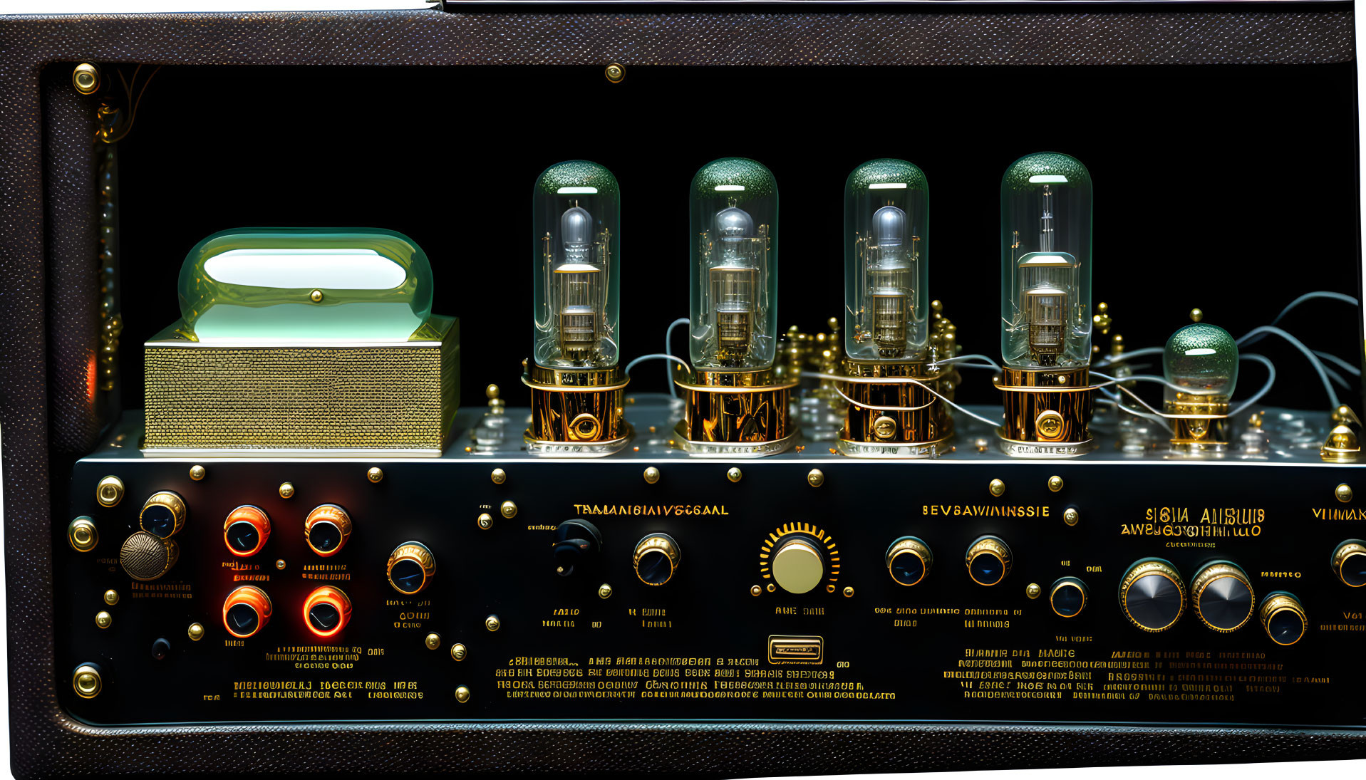 Luxurious Tube Amplifier with Glowing Valves & Gold Accents