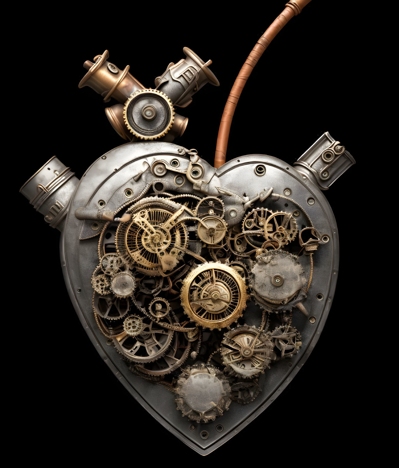 Steampunk-style heart with metallic gears, cogs, pipes, and valves on black background