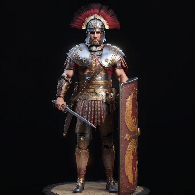 Roman soldier in full armor with sword and shield on dark background