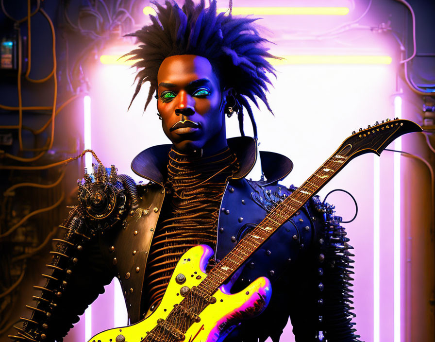 Futuristic musician with green eyes, cyberpunk style, holding electric guitar