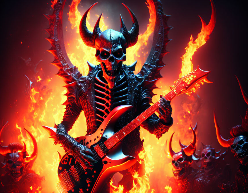 Skeletal figure playing electric guitar in flames with fiery skulls