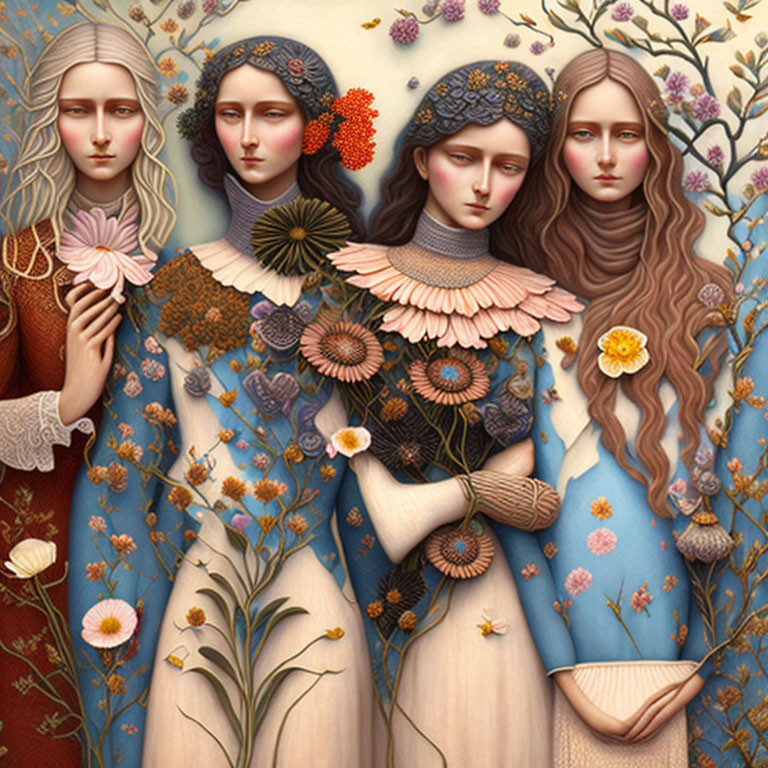 Stylized women with floral adornments and intricate patterns in earthy tones