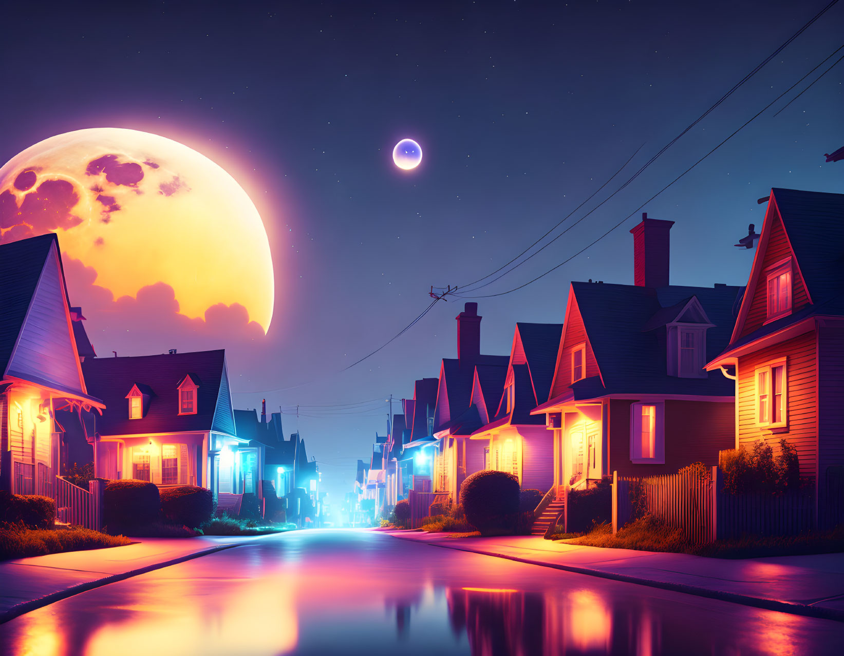 Suburban neighborhood at night with moon and celestial body