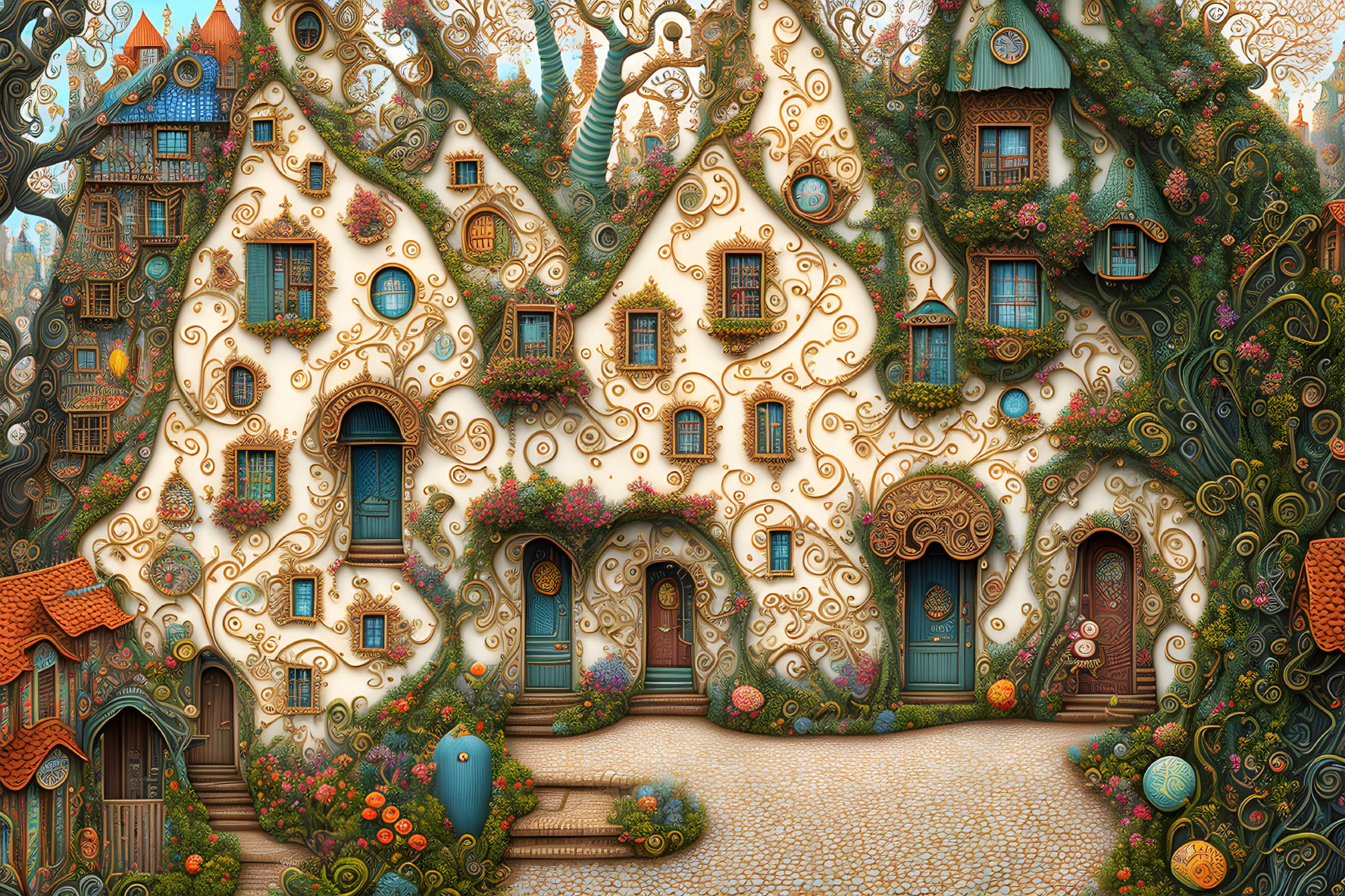 Detailed Fantasy Cottage Illustration Surrounded by Greenery