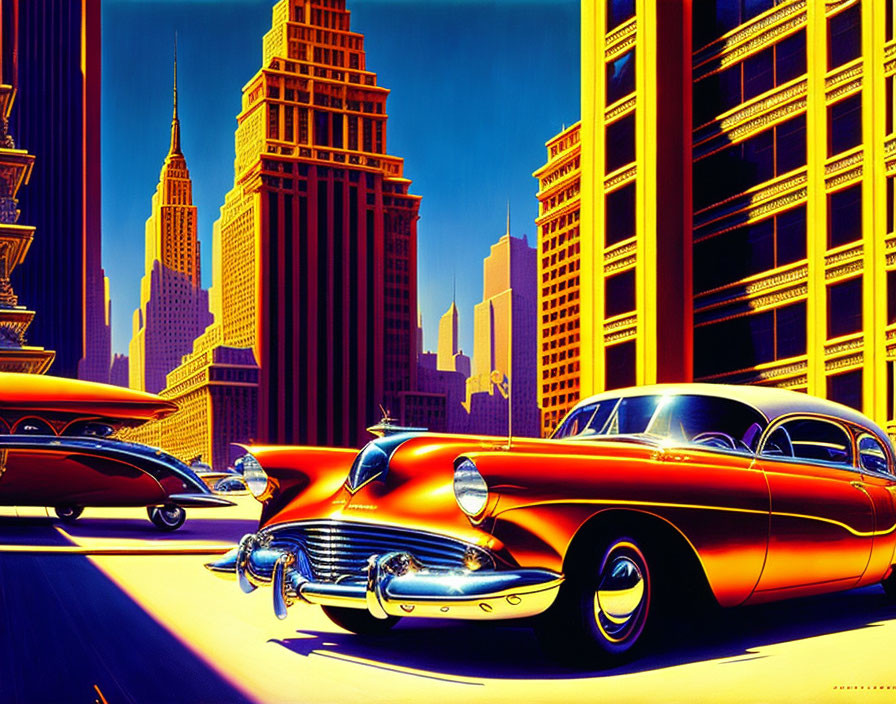 Colorful Illustration of Exaggerated Classic Cars in 1950s City Street