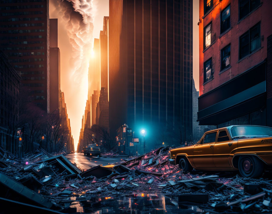 Apocalyptic city scene at sunset with vintage car and debris.