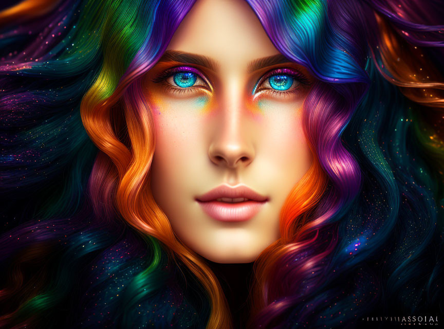 Vibrant multicolored hair and striking colorful eyes portrait