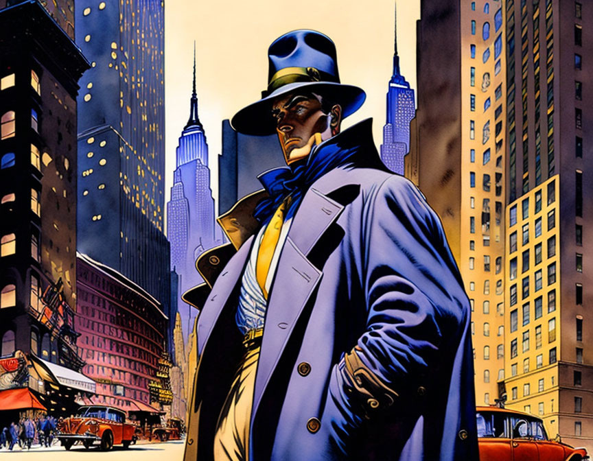 Stylized male figure in trench coat and fedora in cityscape.