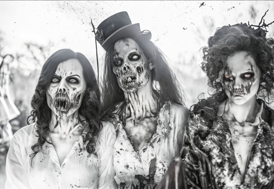 Three People in Zombie Makeup and Costumes Against Desaturated Background