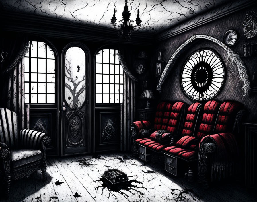 Gothic-style room with black walls, red sofa, vintage chandelier, and arched windows