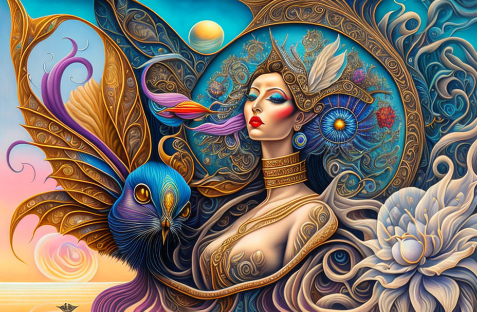 Colorful illustration of mystical woman with intricate jewelry and fantastical creature