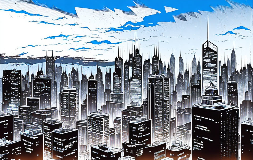 Comic book-style cityscape illustration with skyscrapers and lit windows at night.