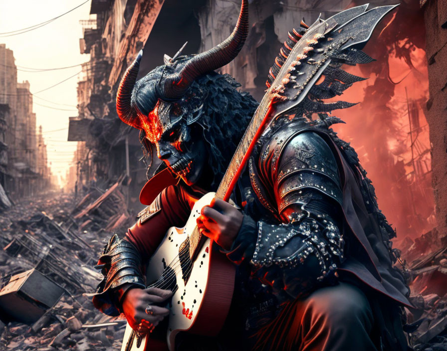 Horned demon playing electric guitar in fiery ruins