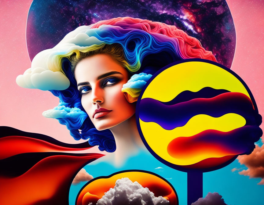 Colorful surreal portrait of a woman with cloud-like hair in cosmic setting and abstract elements.