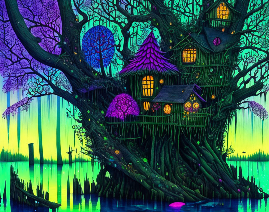 Colorful Treehouse Illustration Against Vibrant Aurora Sky